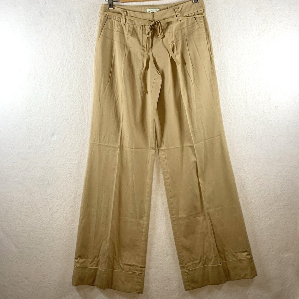 Womens Low Rise Wide Leg‎ Cotton Pants Sz 2 Tan Y2K Boho Pleated Cuffed Belted